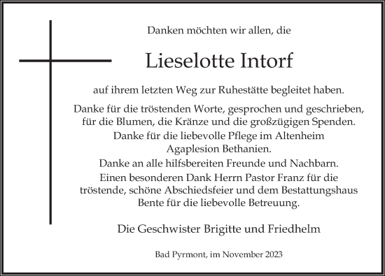 Traueranzeige von Lieselotte Intorf von Deister- und Weserzeitung