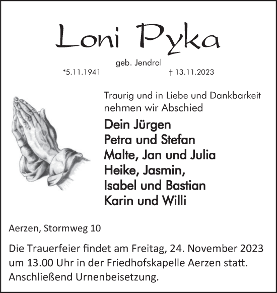 Traueranzeige von Loni Pyka von Deister- und Weserzeitung