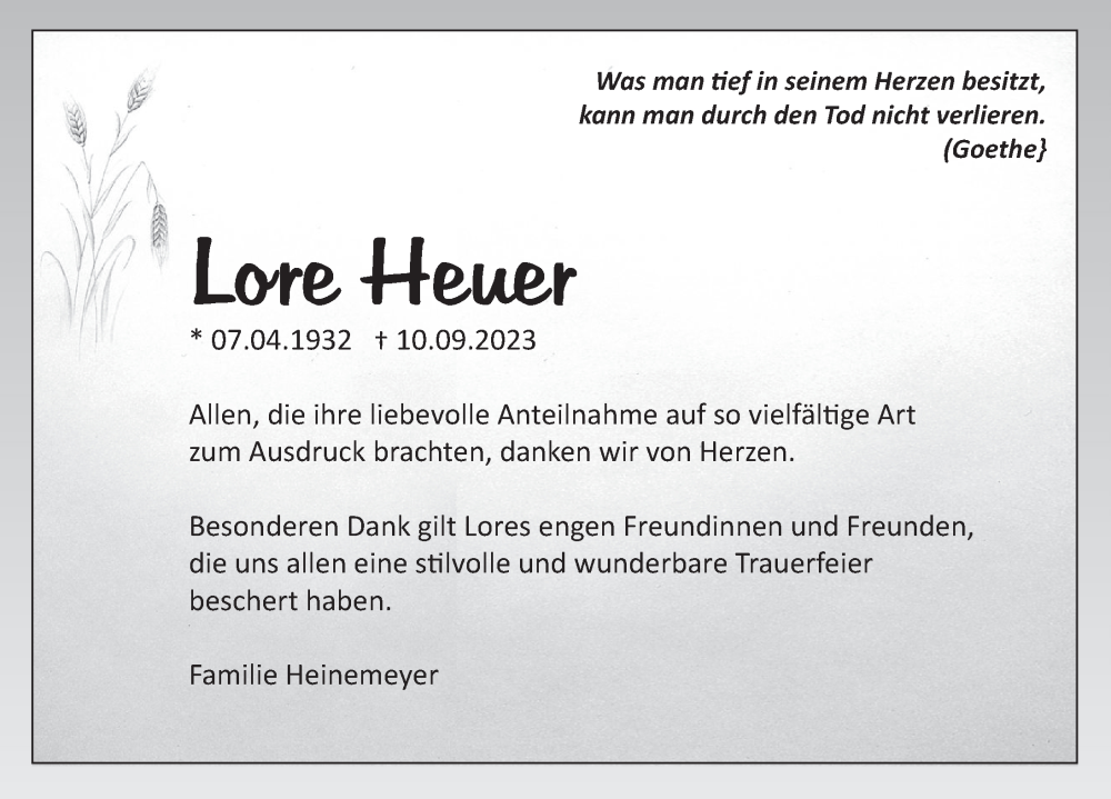  Traueranzeige für Lore Heuer vom 02.12.2023 aus Deister- und Weserzeitung
