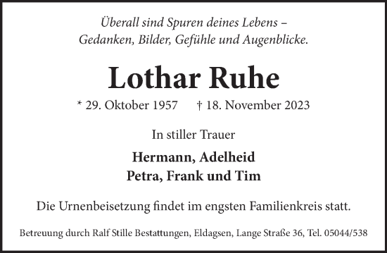 Traueranzeige von Lothar Ruhe von Neue Deister-Zeitung