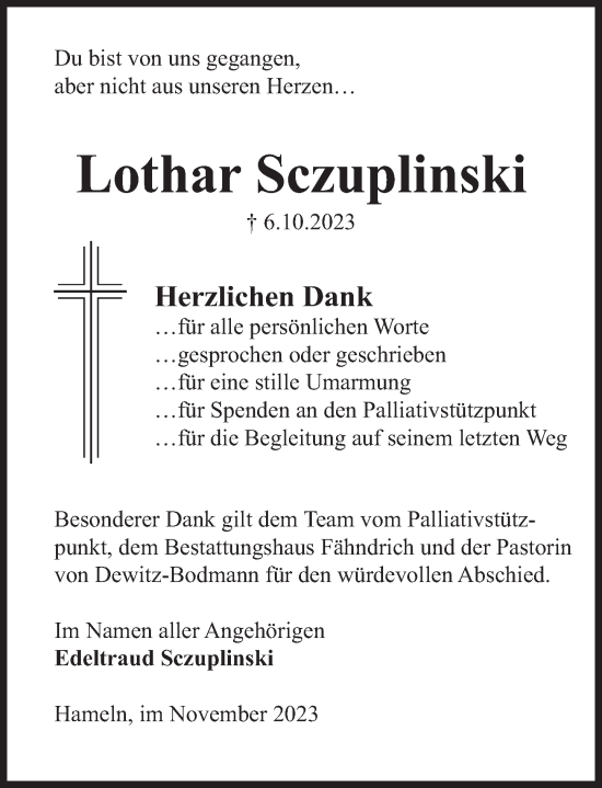 Traueranzeige von Lothar Sczuplinski von Deister- und Weserzeitung