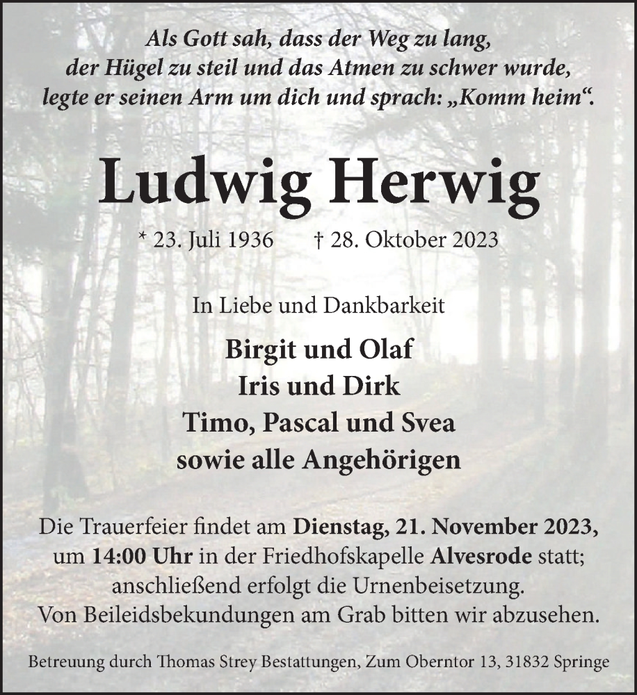  Traueranzeige für Ludwig Herwig vom 18.11.2023 aus Neue Deister-Zeitung