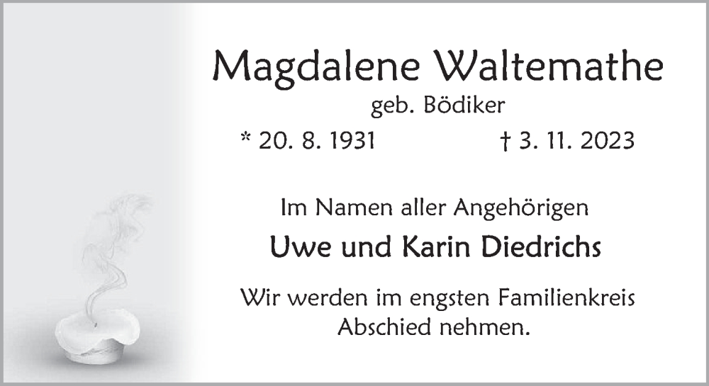  Traueranzeige für Magdalene Waltemathe vom 11.11.2023 aus Deister- und Weserzeitung