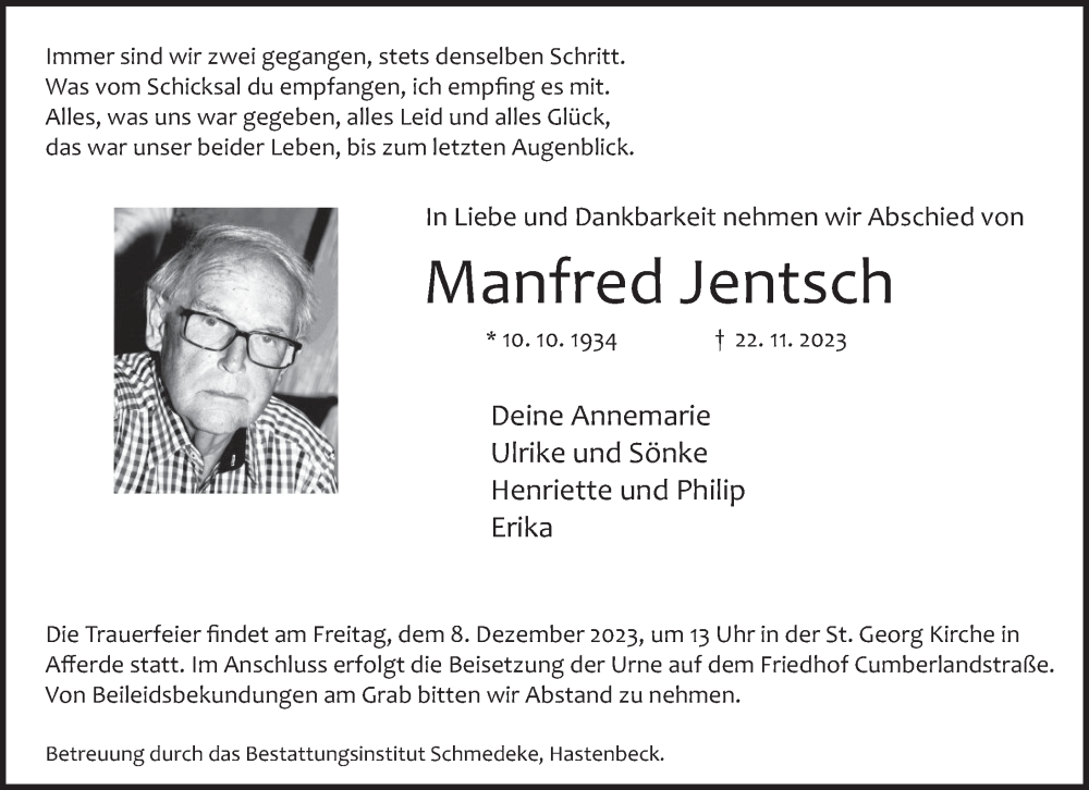  Traueranzeige für Manfred Jentsch vom 02.12.2023 aus Deister- und Weserzeitung