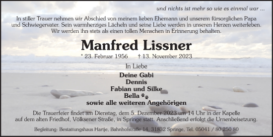 Traueranzeige von Manfred Lissner von Neue Deister-Zeitung