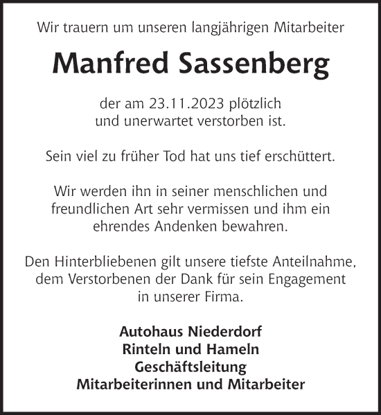 Traueranzeige von Manfred Sassenberg von Deister- und Weserzeitung