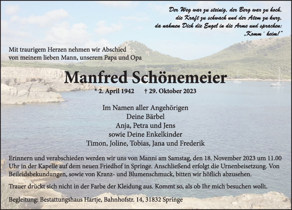  Traueranzeige für Manfred Schönemeier vom 11.11.2023 aus Neue Deister-Zeitung