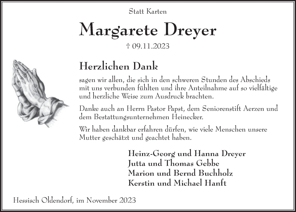  Traueranzeige für Margarete Dreyer vom 25.11.2023 aus Deister- und Weserzeitung
