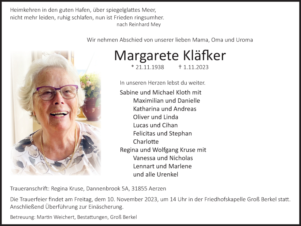  Traueranzeige für Margarete Kläfker vom 08.11.2023 aus Deister- und Weserzeitung