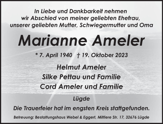Traueranzeige von Marianne Ameler von Deister- und Weserzeitung
