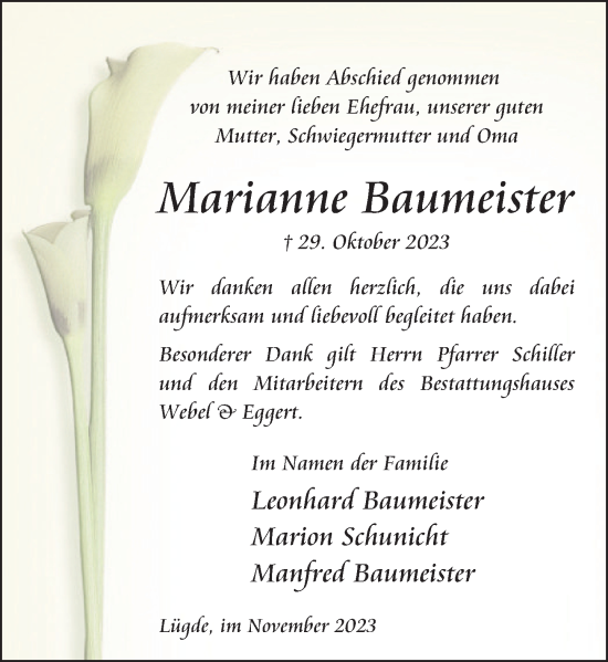Traueranzeige von Marianne Baumeister von Deister- und Weserzeitung