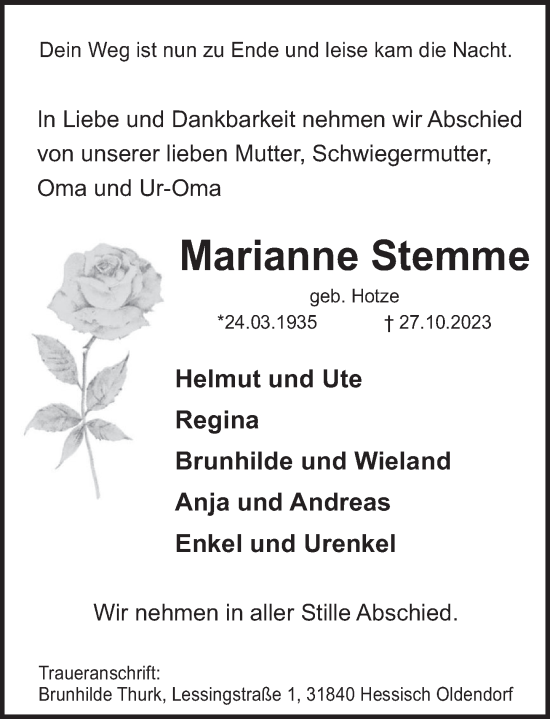 Traueranzeige von Marianne Stemme von Deister- und Weserzeitung