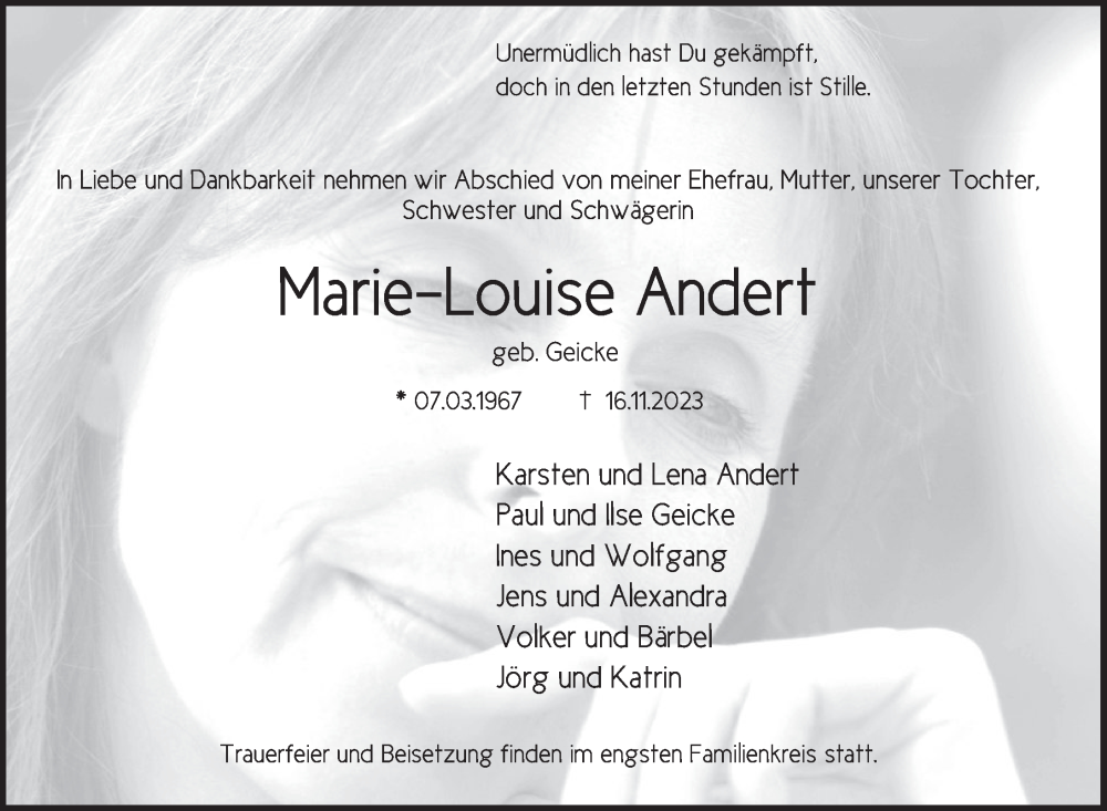  Traueranzeige für Marie-Louise Andert vom 25.11.2023 aus Deister- und Weserzeitung