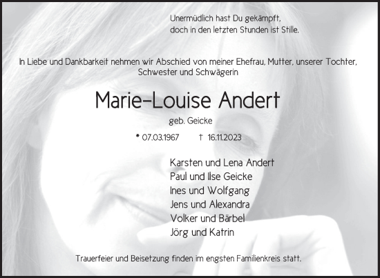 Traueranzeige von Marie-Louise Andert von Deister- und Weserzeitung