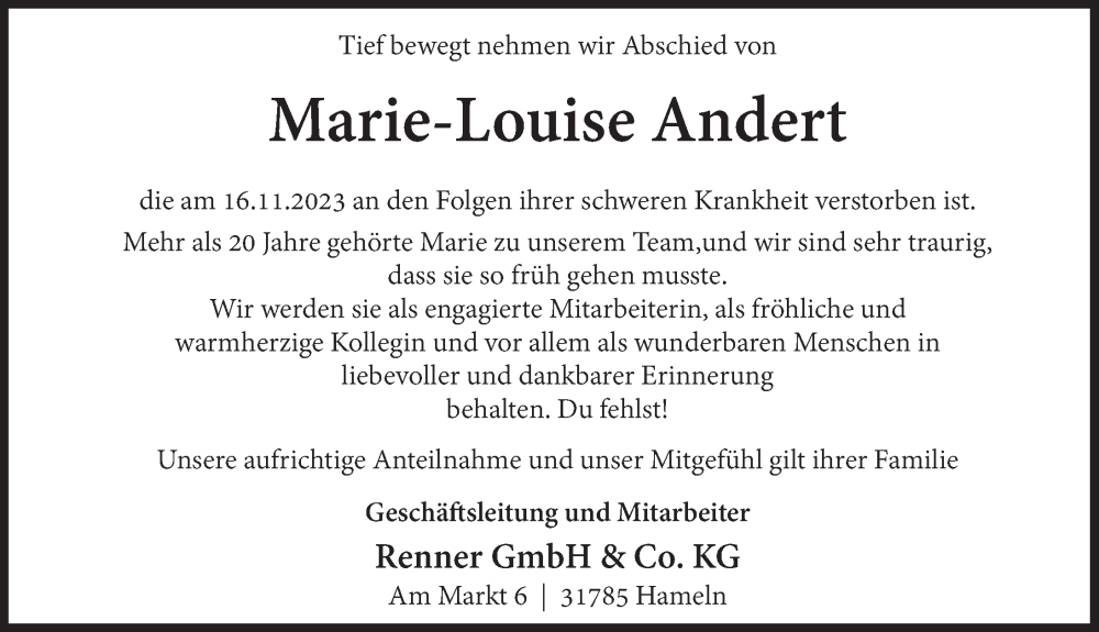  Traueranzeige für Marie-Louise Andert vom 25.11.2023 aus Deister- und Weserzeitung