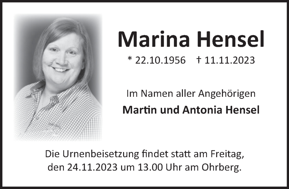  Traueranzeige für Marina Hensel vom 21.11.2023 aus Deister- und Weserzeitung