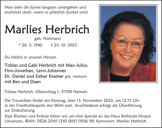 Traueranzeige von Marlies Herbrich von Deister- und Weserzeitung