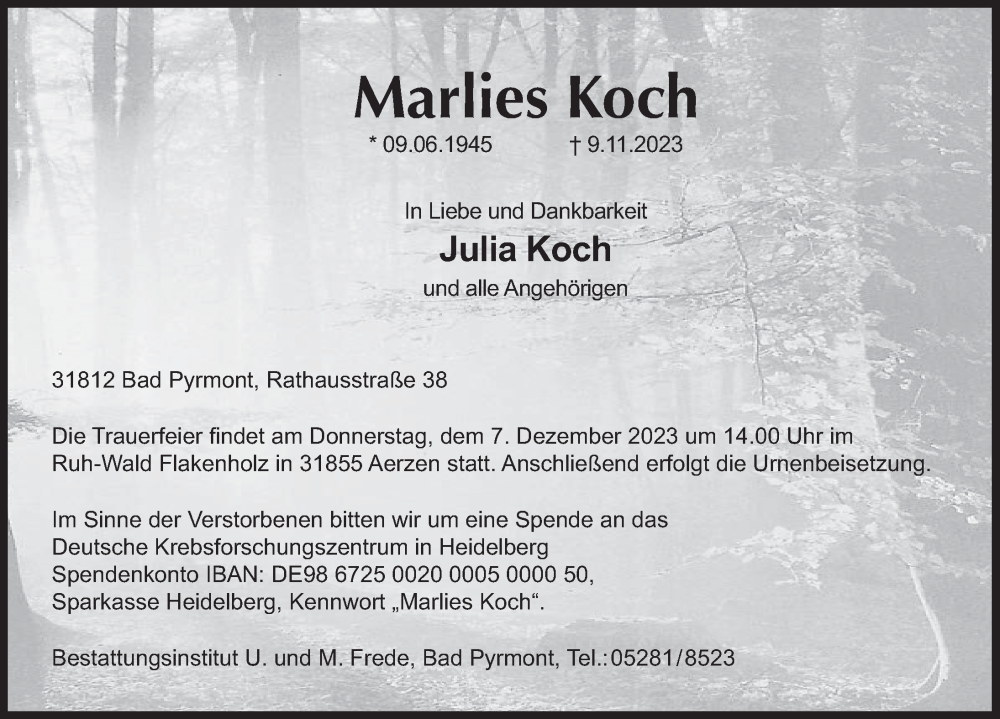  Traueranzeige für Marlies Koch vom 18.11.2023 aus Deister- und Weserzeitung