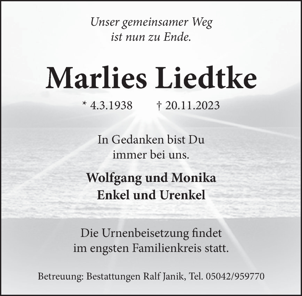  Traueranzeige für Marlies Liedtke vom 02.12.2023 aus Neue Deister-Zeitung