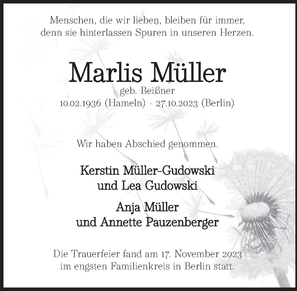  Traueranzeige für Marlis Müller vom 18.11.2023 aus Deister- und Weserzeitung