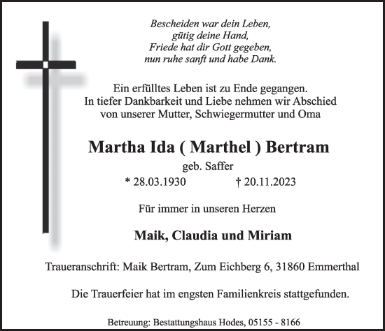 Traueranzeige von Martha Ida Bertram von Deister- und Weserzeitung