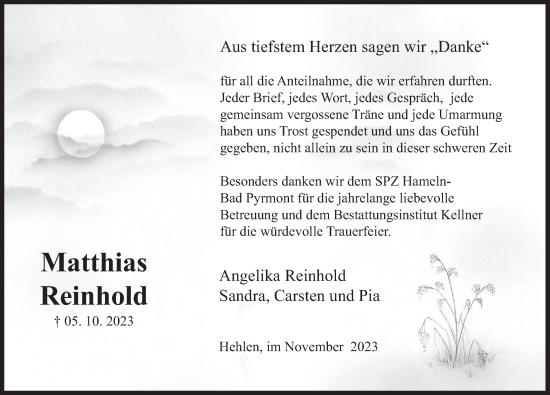 Traueranzeige von Matthias Reinhold von Deister- und Weserzeitung