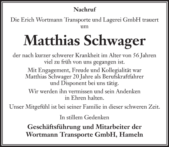 Traueranzeige von Matthias Schwager von Deister- und Weserzeitung