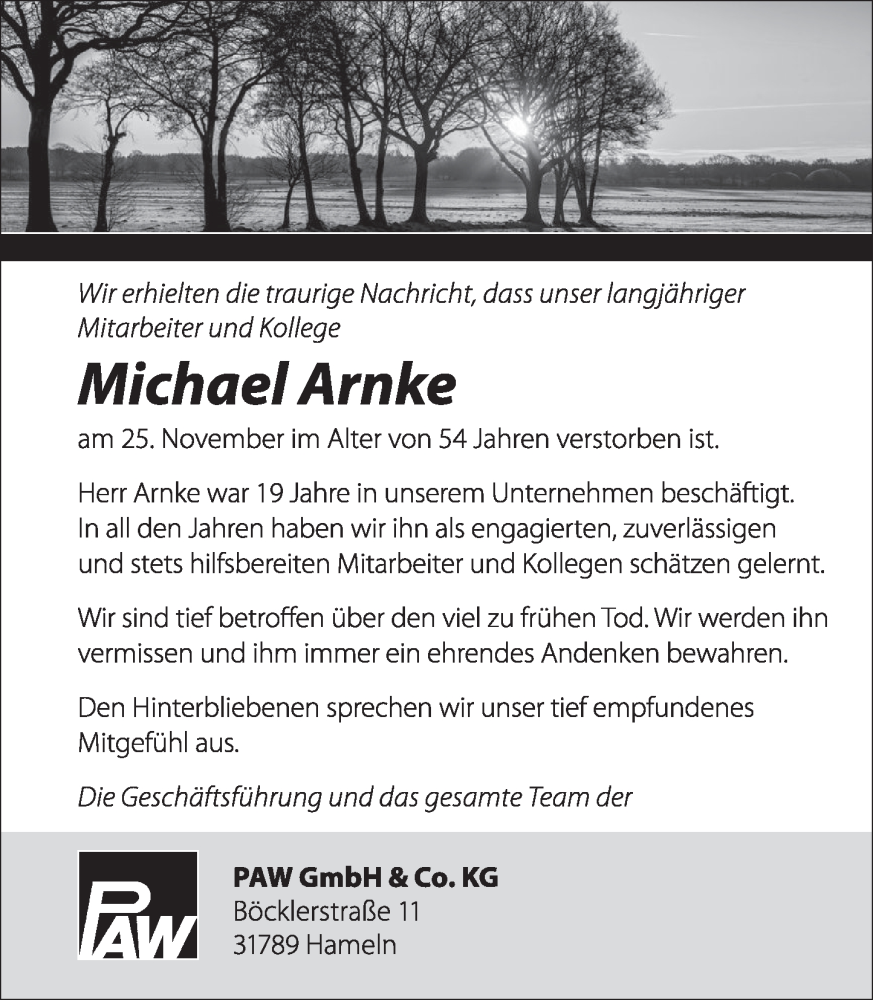 Traueranzeige für Michael Arnke vom 02.12.2023 aus Deister- und Weserzeitung