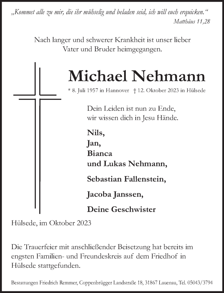  Traueranzeige für Michael Nehmann vom 21.10.2023 aus Neue Deister-Zeitung