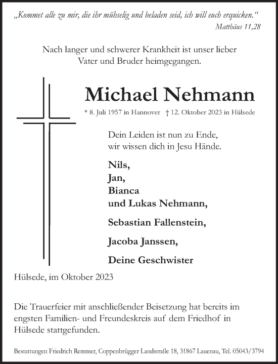 Traueranzeige von Michael Nehmann von Neue Deister-Zeitung