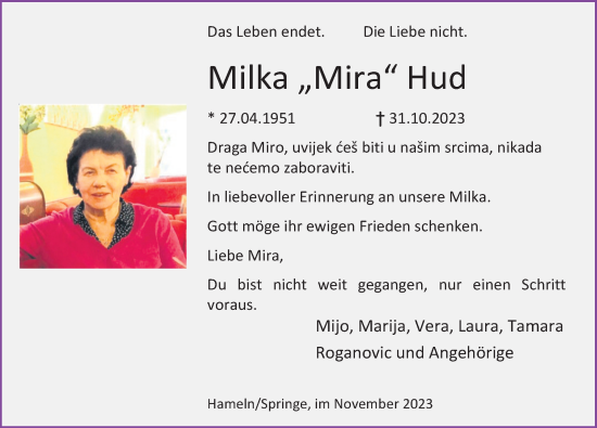 Traueranzeige von Milka Hud von Deister- und Weserzeitung