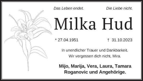Traueranzeige von Milka Hud von Neue Deister-Zeitung