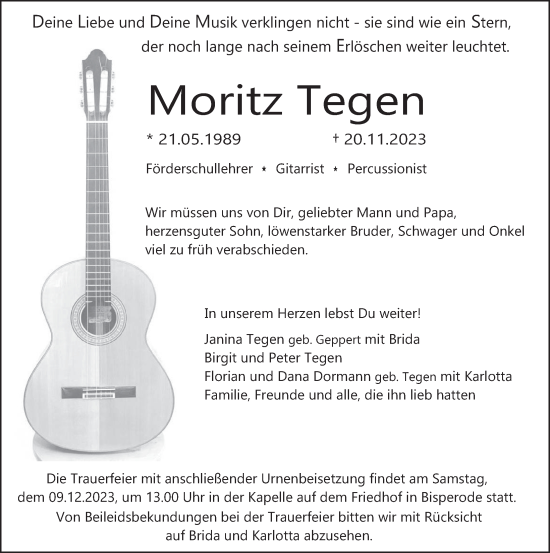 Traueranzeige von Moritz Tegen von Deister- und Weserzeitung