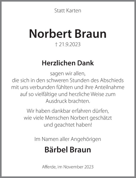 Traueranzeige von Norbert Braun von Deister- und Weserzeitung