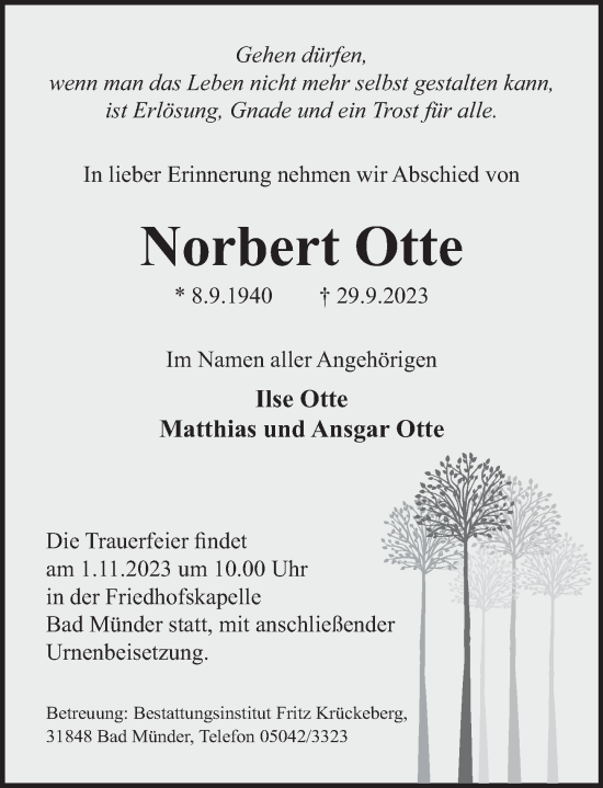 Traueranzeige von Norbert Otte von Neue Deister-Zeitung
