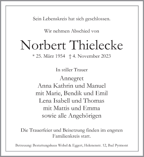 Traueranzeige von Norbert Thielecke von Deister- und Weserzeitung