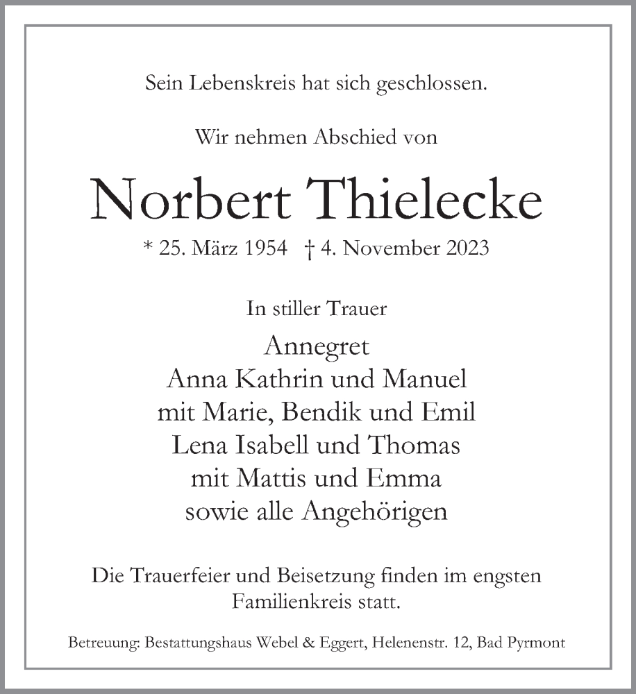  Traueranzeige für Norbert Thielecke vom 11.11.2023 aus Deister- und Weserzeitung