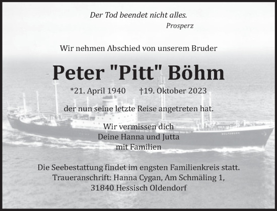 Traueranzeige von Peter Böhm von Deister- und Weserzeitung