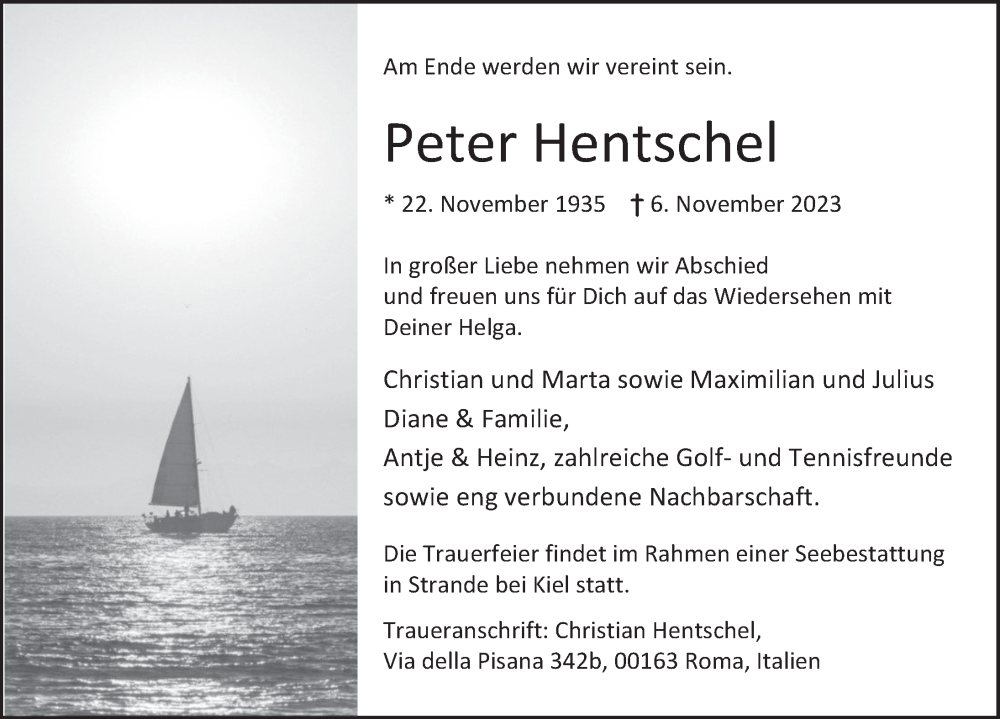  Traueranzeige für Peter Hentschel vom 11.11.2023 aus Deister- und Weserzeitung