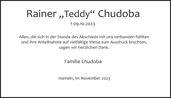 Traueranzeige von Rainer Chudoba von Deister- und Weserzeitung
