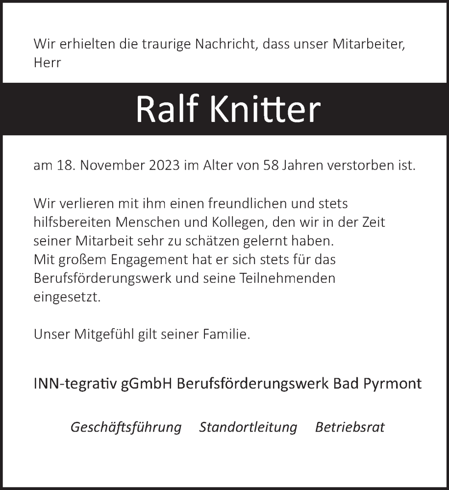  Traueranzeige für Ralf Knitter vom 25.11.2023 aus Deister- und Weserzeitung