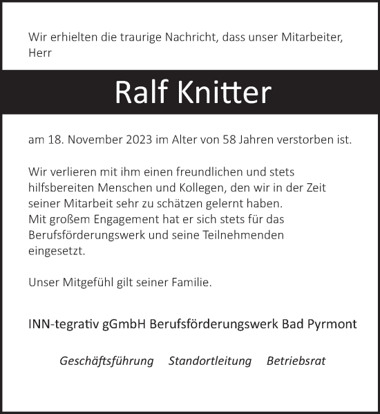 Traueranzeige von Ralf Knitter von Deister- und Weserzeitung