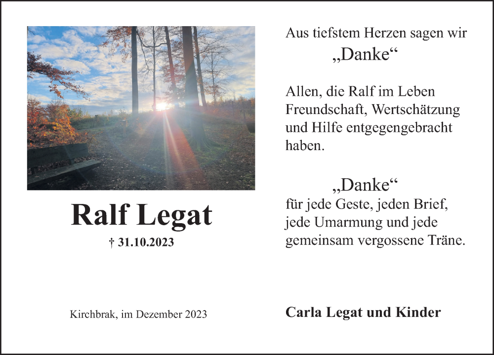  Traueranzeige für Ralf Legat vom 02.12.2023 aus Deister- und Weserzeitung