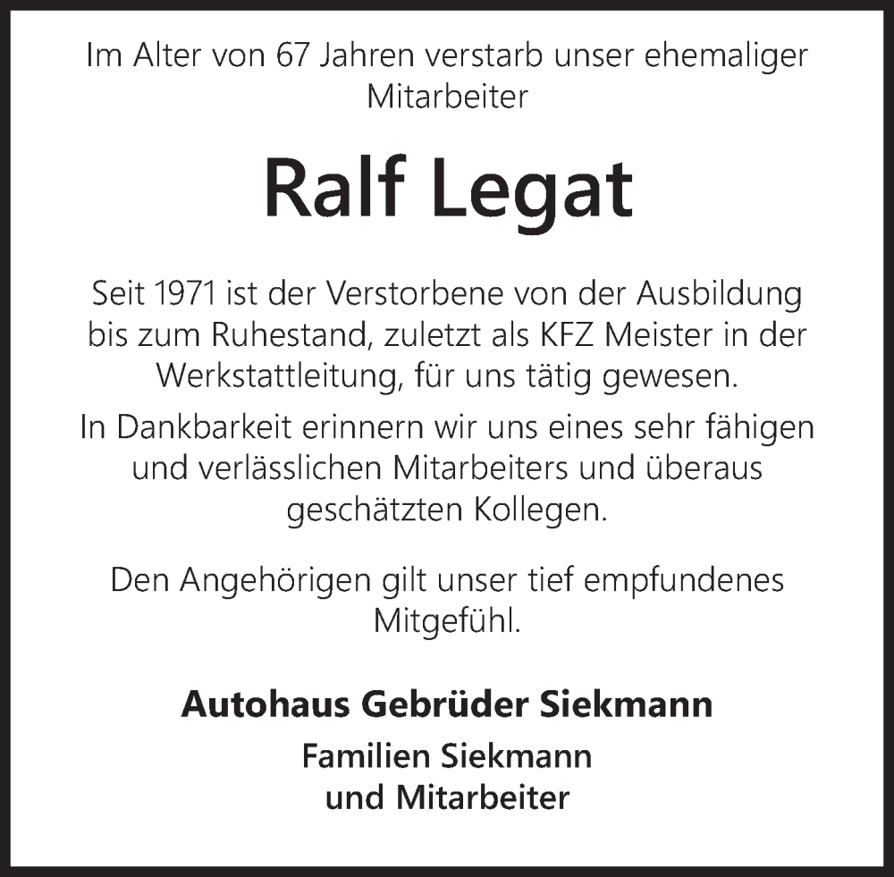 Traueranzeige für Ralf Legat vom 11.11.2023 aus Deister- und Weserzeitung