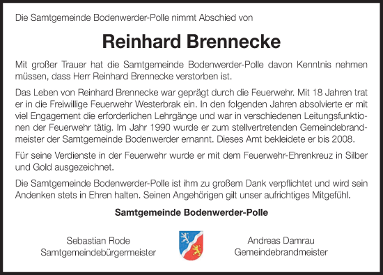 Traueranzeige von Reinhard Brennecke von Deister- und Weserzeitung