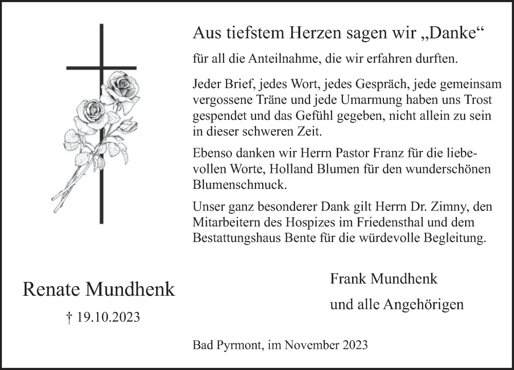  Traueranzeige für Renate Mundhenk vom 25.11.2023 aus Deister- und Weserzeitung