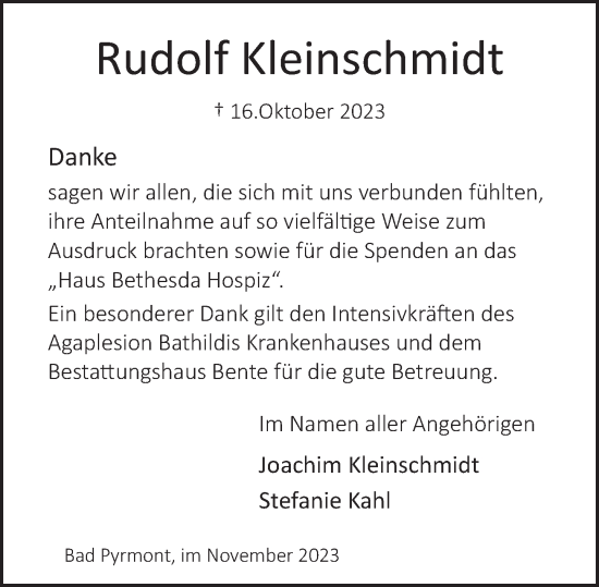 Traueranzeige von Rudolf Kleinschmidt von Deister- und Weserzeitung