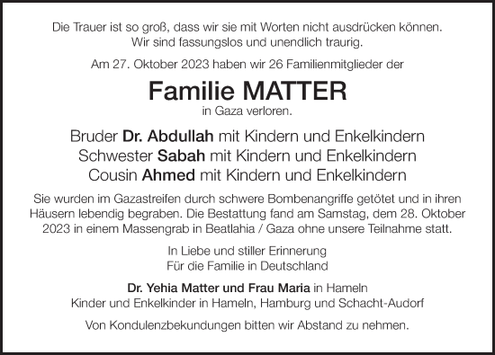 Traueranzeige von Sabah Matter von Deister- und Weserzeitung
