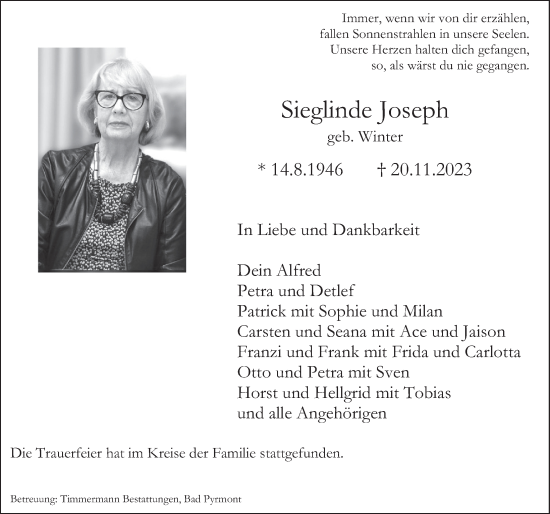 Traueranzeige von Sieglinde Joseph von Deister- und Weserzeitung