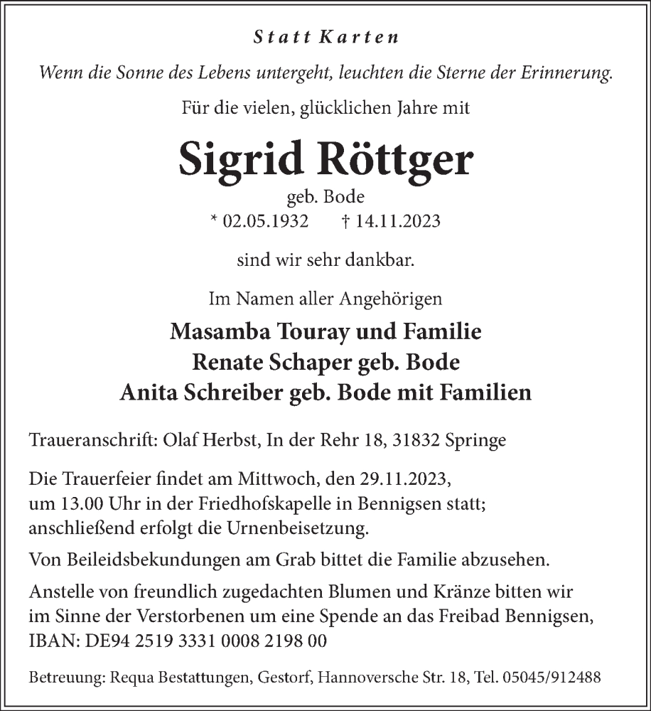  Traueranzeige für Sigrid Röttger vom 25.11.2023 aus Neue Deister-Zeitung